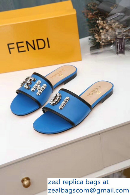 Fendi Crystal FENDI Logo Slides Blue 2019 - Click Image to Close