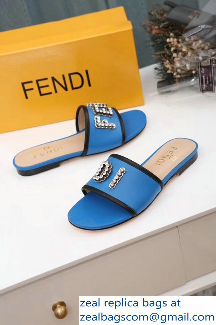 Fendi Crystal FENDI Logo Slides Blue 2019 - Click Image to Close