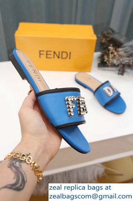 Fendi Crystal FENDI Logo Slides Blue 2019 - Click Image to Close