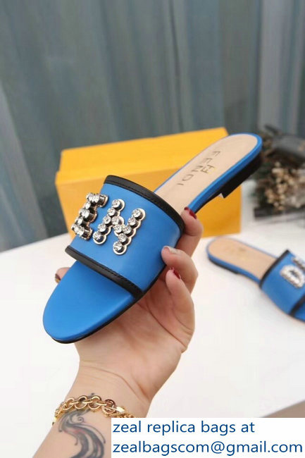 Fendi Crystal FENDI Logo Slides Blue 2019