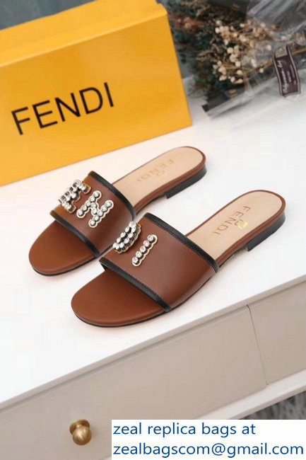 Fendi Crystal FENDI Logo Slides Brown 2019