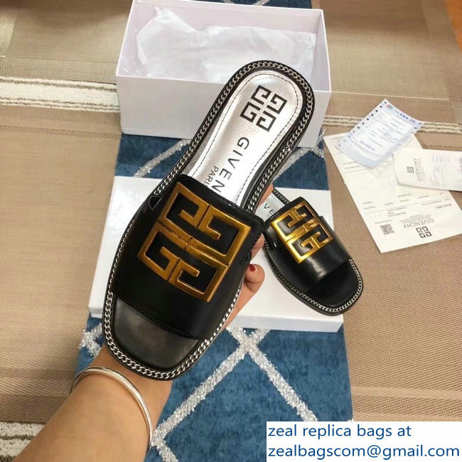 Givenchy 4G Logo Chain Around Slides Flat Sandals Black 2019 - Click Image to Close