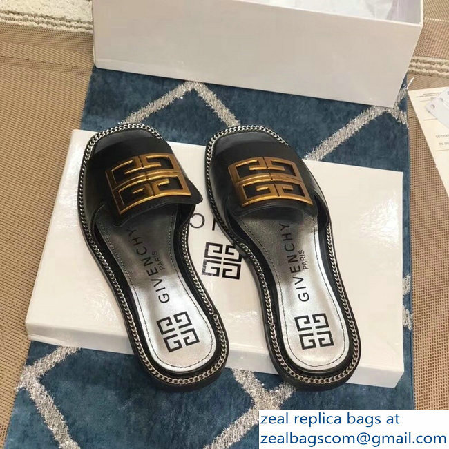 Givenchy 4G Logo Chain Around Slides Flat Sandals Black 2019 - Click Image to Close