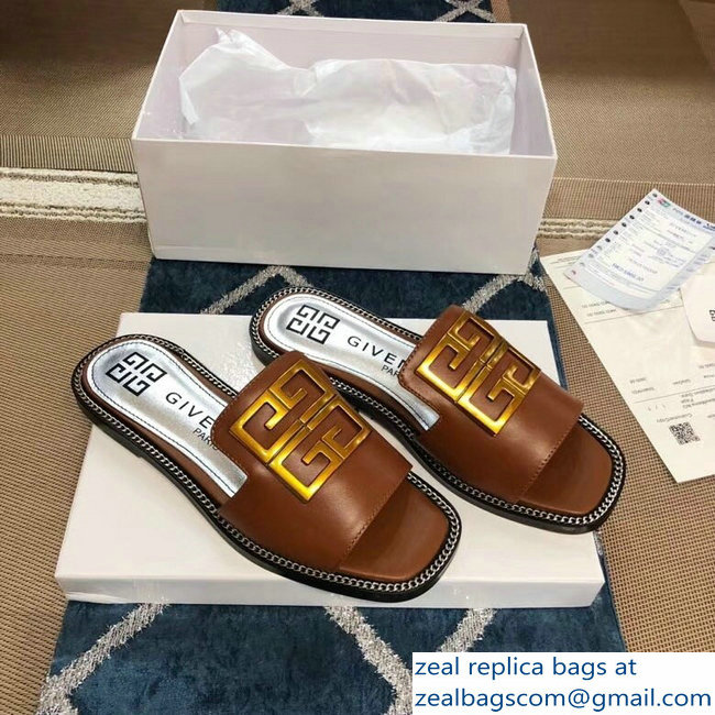 Givenchy 4G Logo Chain Around Slides Flat Sandals Brown 2019 - Click Image to Close