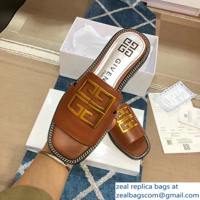 Givenchy 4G Logo Chain Around Slides Flat Sandals Brown 2019 - Click Image to Close