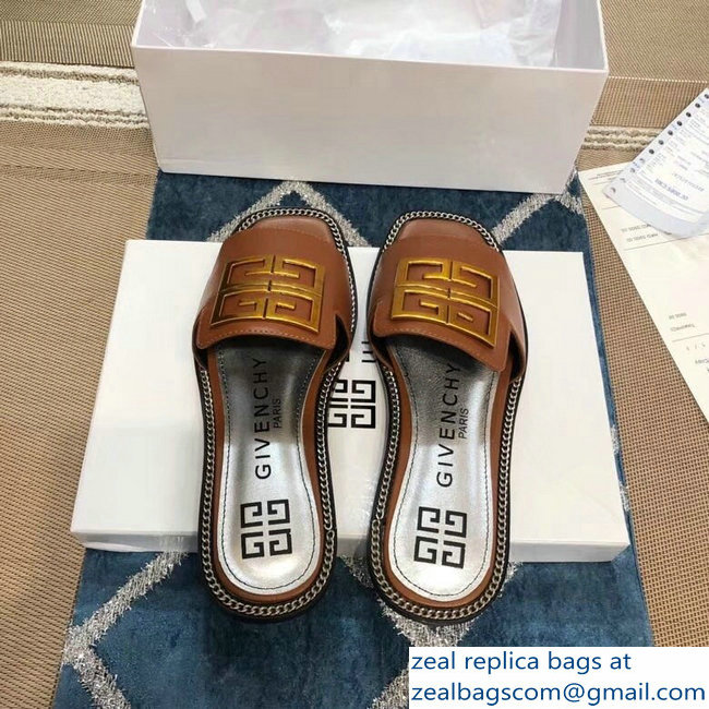 Givenchy 4G Logo Chain Around Slides Flat Sandals Brown 2019 - Click Image to Close