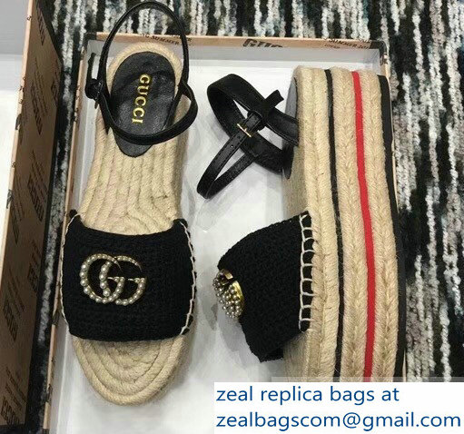 Gucci Crochet Espadrilles Sandals Black With Pearls Double G 2019 - Click Image to Close