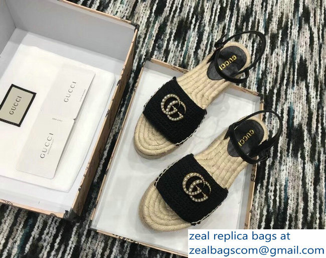 Gucci Crochet Espadrilles Sandals Black With Pearls Double G 2019