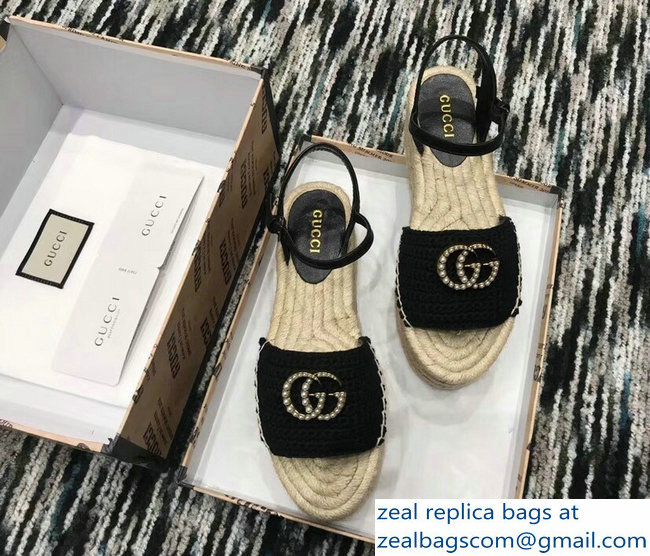 Gucci Crochet Espadrilles Sandals Black With Pearls Double G 2019 - Click Image to Close