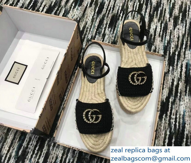 Gucci Crochet Espadrilles Sandals Black With Pearls Double G 2019