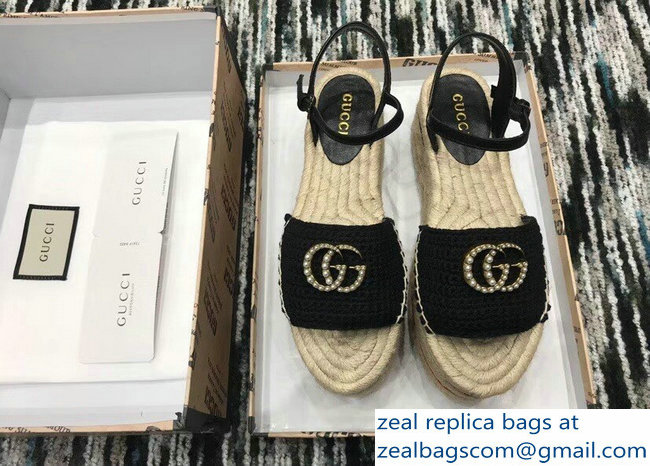 Gucci Crochet Espadrilles Sandals Black With Pearls Double G 2019 - Click Image to Close