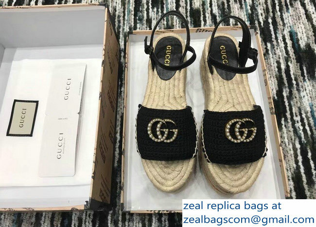 Gucci Crochet Espadrilles Sandals Black With Pearls Double G 2019