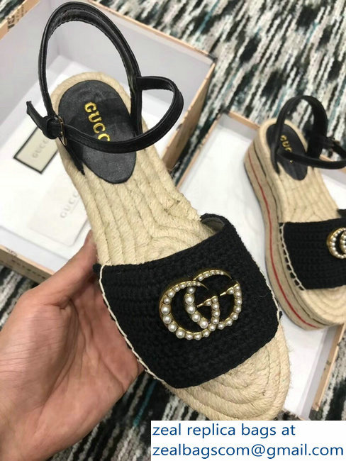 Gucci Crochet Espadrilles Sandals Black With Pearls Double G 2019 - Click Image to Close