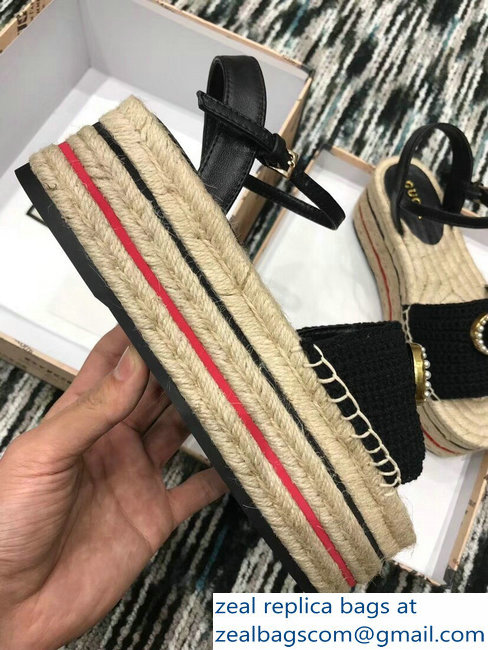Gucci Crochet Espadrilles Sandals Black With Pearls Double G 2019