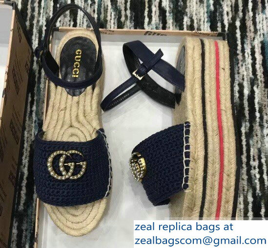 Gucci Crochet Espadrilles Sandals Navy Blue With Pearls Double G 2019