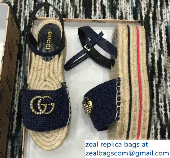 Gucci Crochet Espadrilles Sandals Navy Blue With Pearls Double G 2019 - Click Image to Close