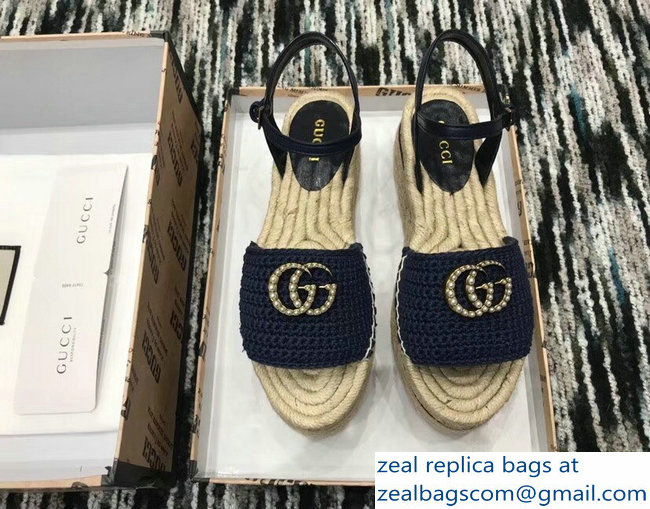 Gucci Crochet Espadrilles Sandals Navy Blue With Pearls Double G 2019 - Click Image to Close