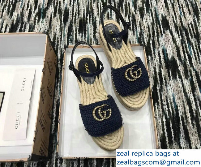 Gucci Crochet Espadrilles Sandals Navy Blue With Pearls Double G 2019