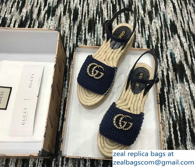 Gucci Crochet Espadrilles Sandals Navy Blue With Pearls Double G 2019