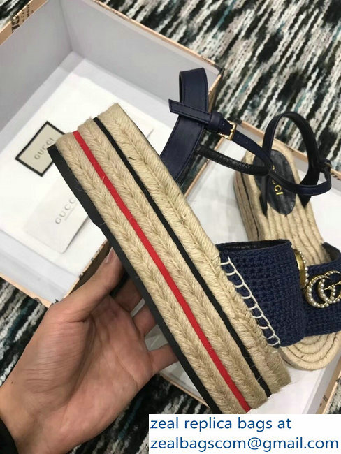 Gucci Crochet Espadrilles Sandals Navy Blue With Pearls Double G 2019 - Click Image to Close