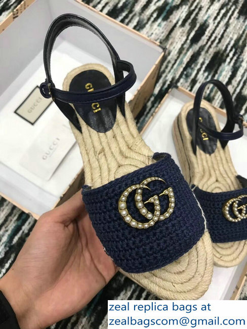 Gucci Crochet Espadrilles Sandals Navy Blue With Pearls Double G 2019 - Click Image to Close