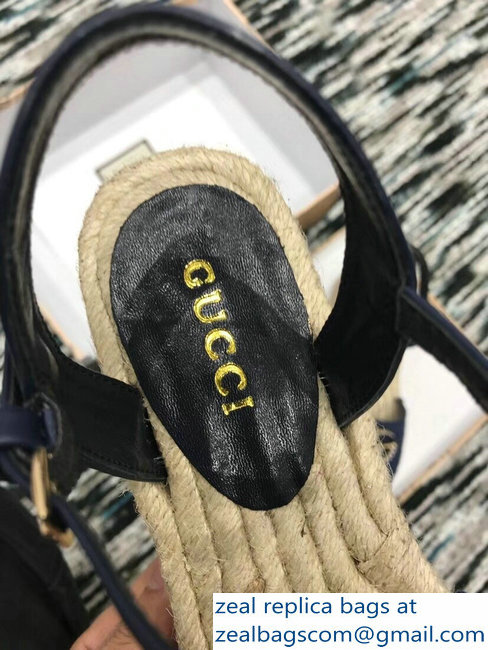 Gucci Crochet Espadrilles Sandals Navy Blue With Pearls Double G 2019