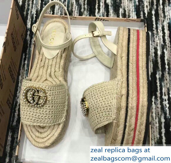 Gucci Crochet Espadrilles Sandals Nude With Pearls Double G 2019 - Click Image to Close