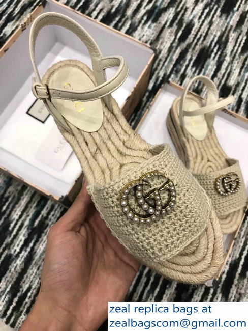 Gucci Crochet Espadrilles Sandals Nude With Pearls Double G 2019 - Click Image to Close