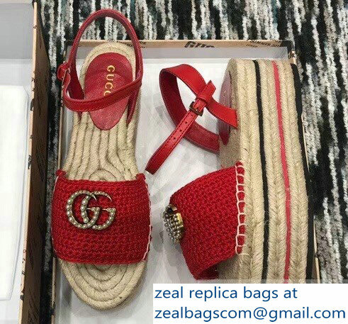 Gucci Crochet Espadrilles Sandals Red With Pearls Double G 2019 - Click Image to Close