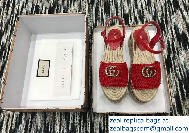 Gucci Crochet Espadrilles Sandals Red With Pearls Double G 2019