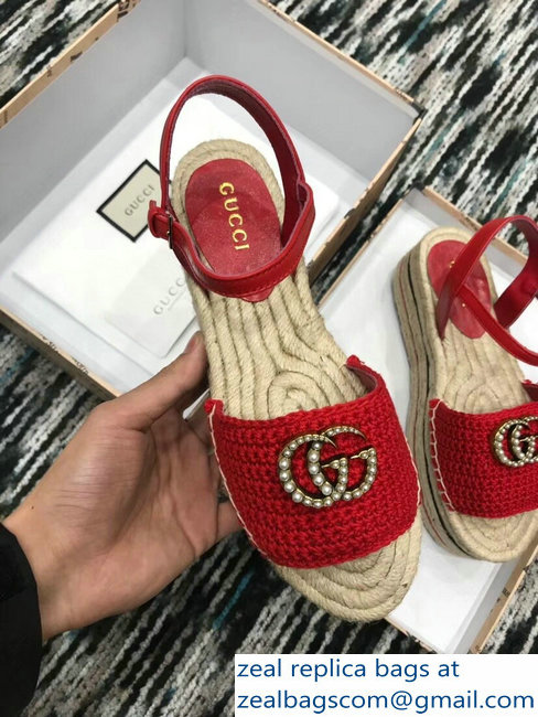 Gucci Crochet Espadrilles Sandals Red With Pearls Double G 2019