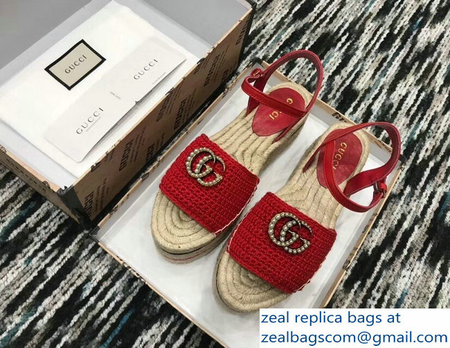 Gucci Crochet Espadrilles Sandals Red With Pearls Double G 2019 - Click Image to Close