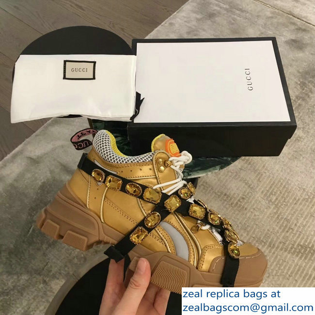 Gucci Flashtrek Sneakers Gold with Removable Crystals 2019 - Click Image to Close