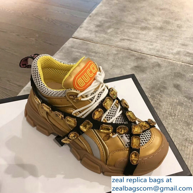 Gucci Flashtrek Sneakers Gold with Removable Crystals 2019 - Click Image to Close