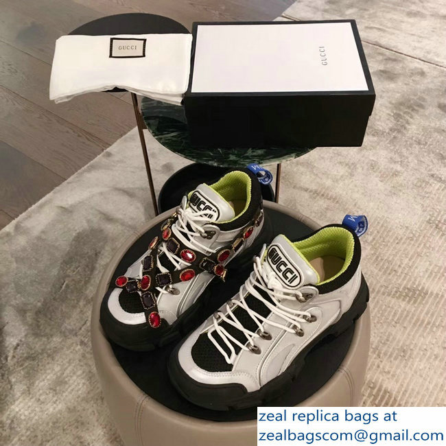 Gucci Flashtrek Sneakers Silver/Green with Removable Crystals 2019 - Click Image to Close