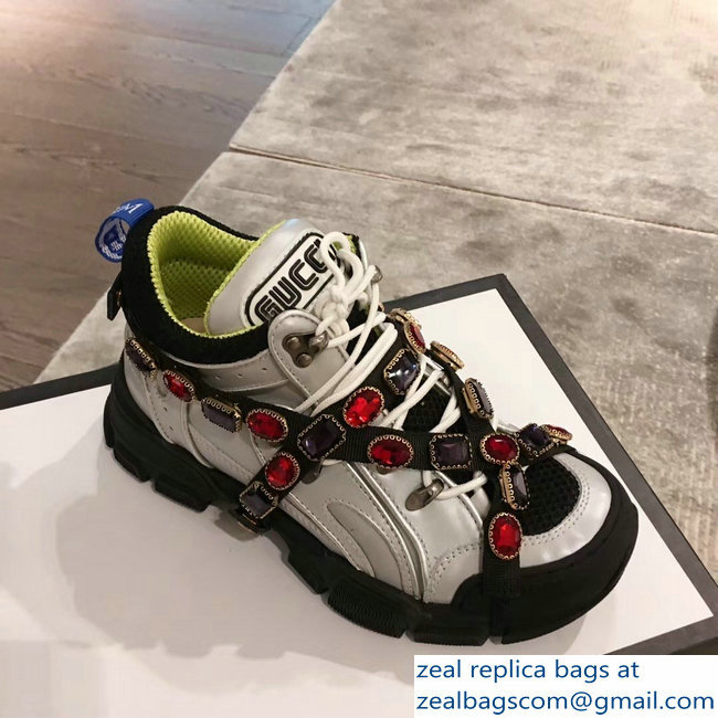 Gucci Flashtrek Sneakers Silver/Green with Removable Crystals 2019