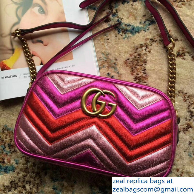 Gucci GG Marmont Matelasse Chevron Shoulder Small Bag 447632 Metallic Fuchsia 2019