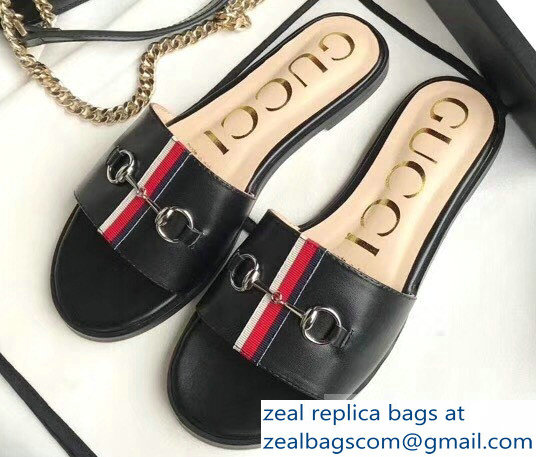 Gucci Horsebit and Sylvie Web Flat Slides Black 2019 - Click Image to Close