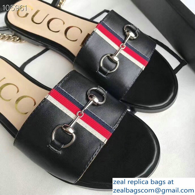 Gucci Horsebit and Sylvie Web Flat Slides Black 2019 - Click Image to Close