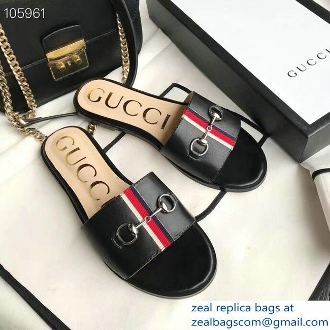 Gucci Horsebit and Sylvie Web Flat Slides Black 2019 - Click Image to Close