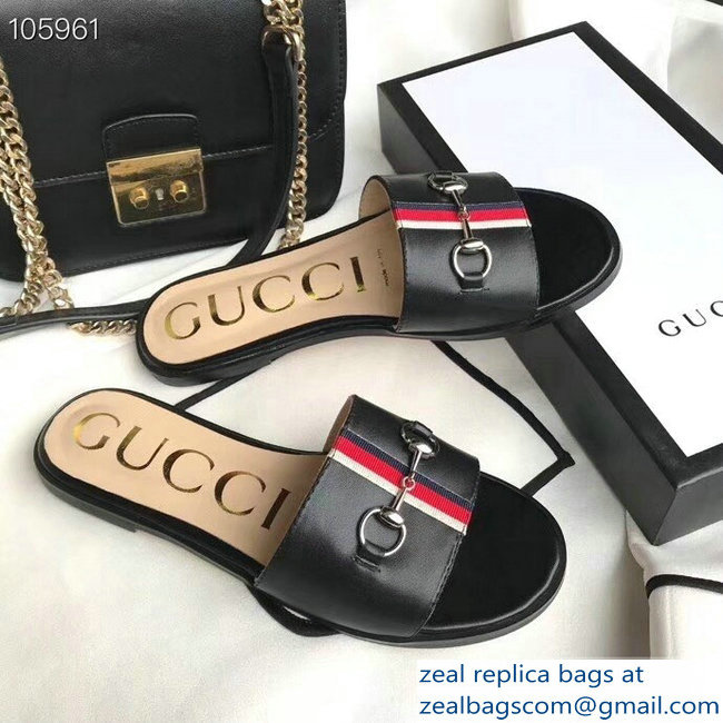 Gucci Horsebit and Sylvie Web Flat Slides Black 2019 - Click Image to Close