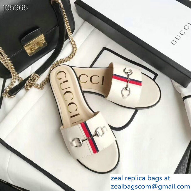 Gucci Horsebit and Sylvie Web Flat Slides White 2019 - Click Image to Close