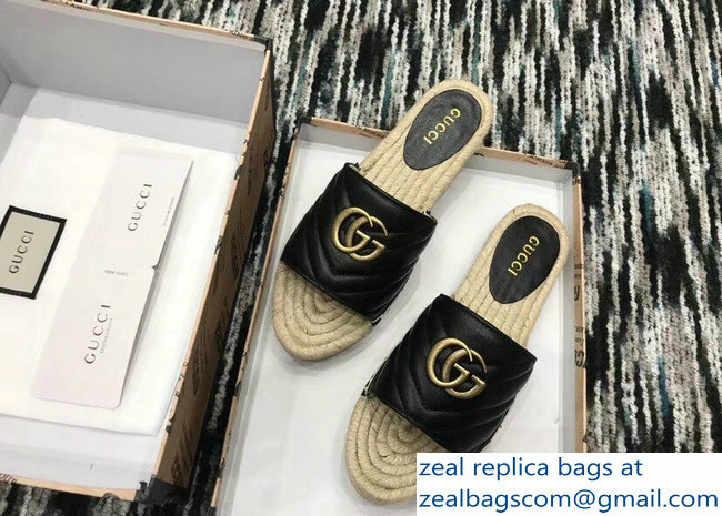 Gucci Leather Espadrilles Slides Sandals Black With Double G 573028 2019