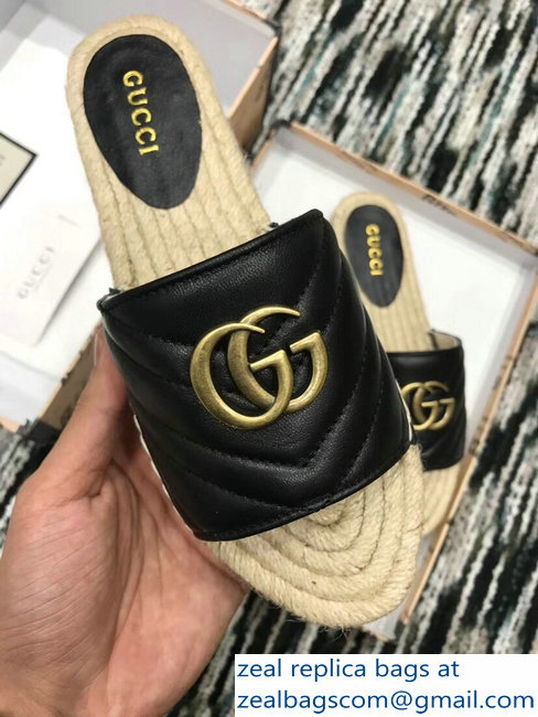 Gucci Leather Espadrilles Slides Sandals Black With Double G 573028 2019 - Click Image to Close