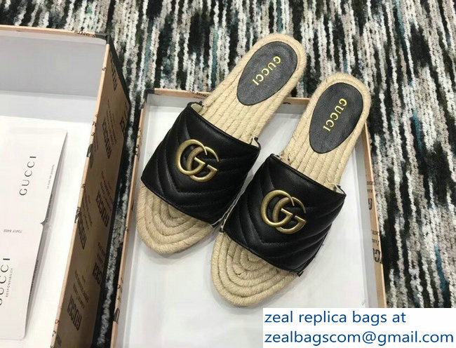 Gucci Leather Espadrilles Slides Sandals Black With Double G 573028 2019 - Click Image to Close