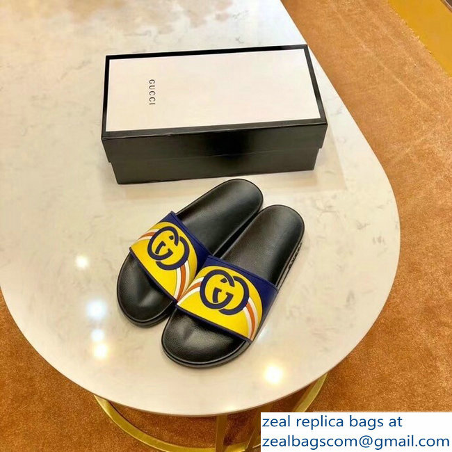 Gucci Rainbow and GG Print Yellow/Blue Slides 2019 - Click Image to Close
