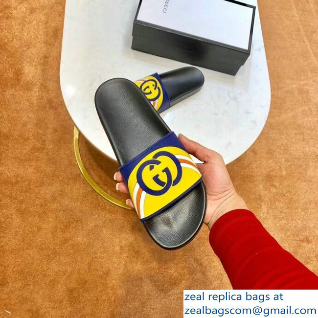 Gucci Rainbow and GG Print Yellow/Blue Slides 2019