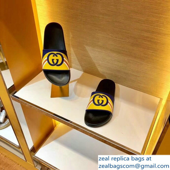 Gucci Rainbow and GG Print Yellow/Blue Slides 2019 - Click Image to Close