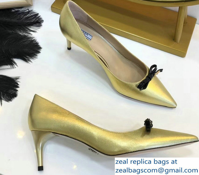 Prada Mid-Heel Pumps Gold with Bow 2019 - Click Image to Close