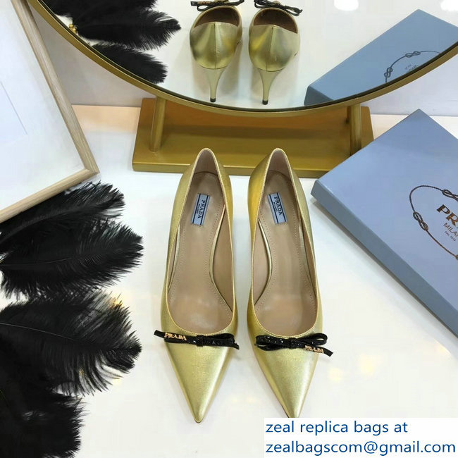 Prada Mid-Heel Pumps Gold with Bow 2019 - Click Image to Close